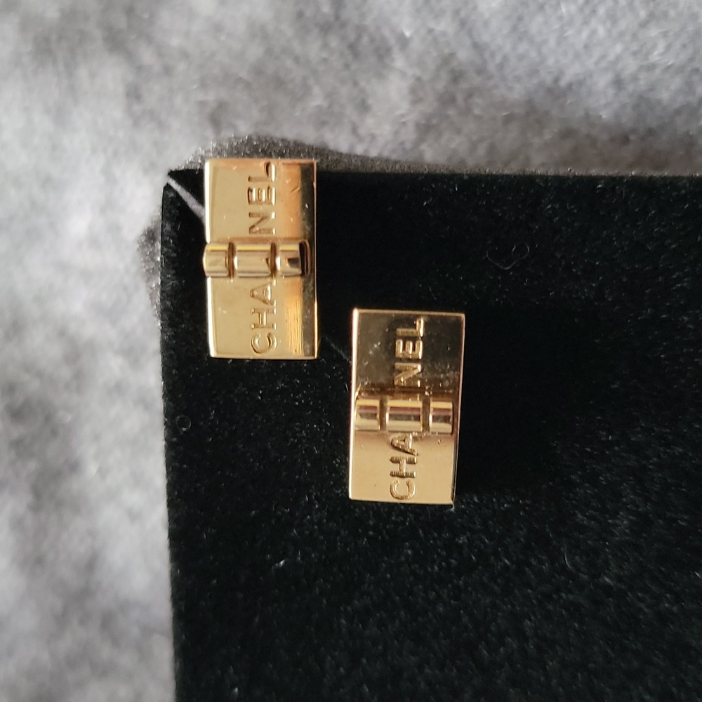 Rare Chanel Goldtone Metal Mademoiselle 2.55 Turnlock Stud Earrings